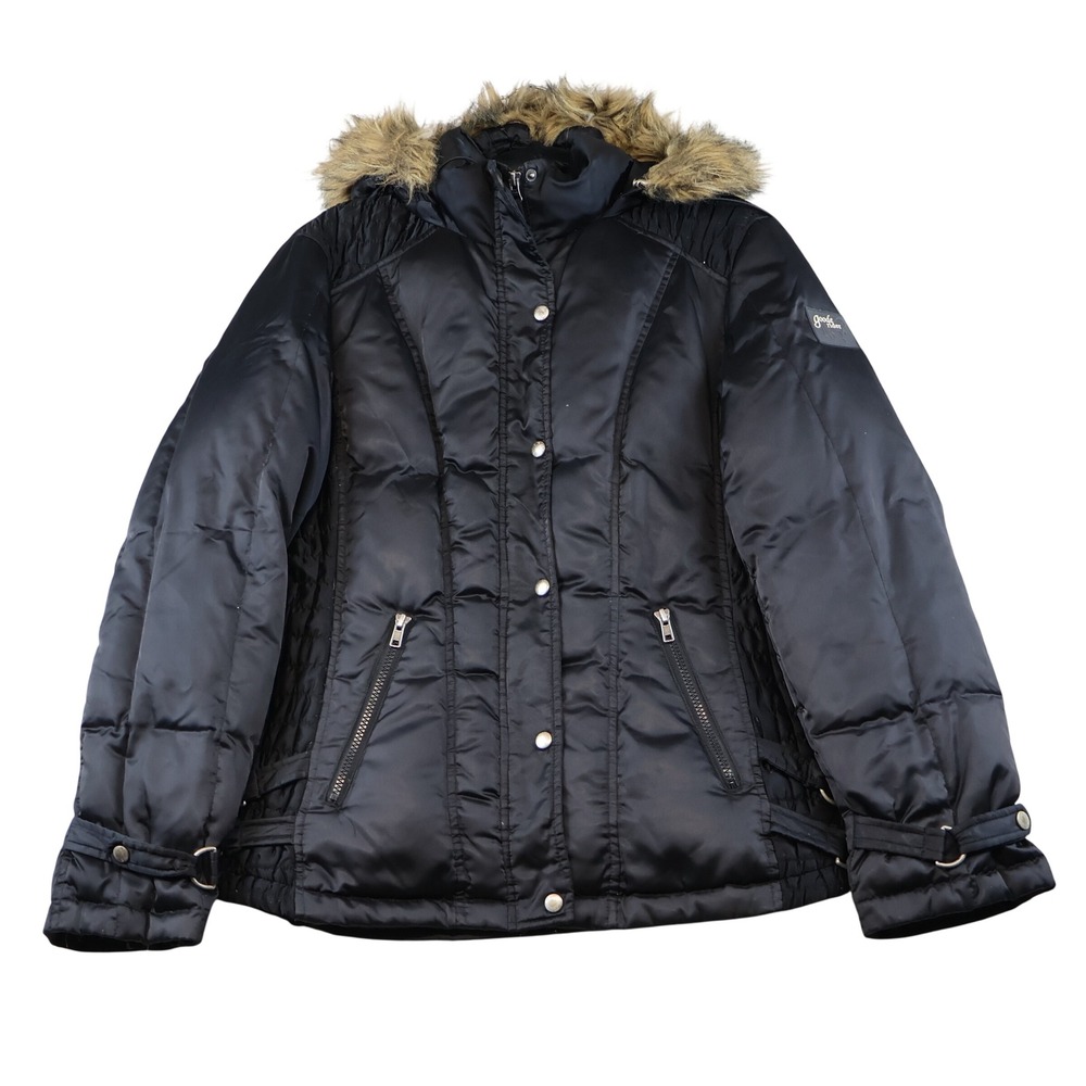 Goode Rider Womens L Puffer Jacket Black Down Fill Faux Fur Hood Equestrian